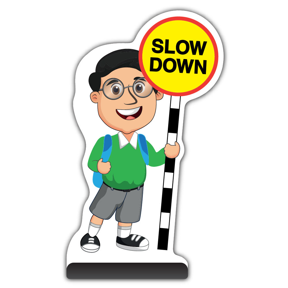 School Kid Cut Out Pavement Sign – Liam – Slow Down – Green Uniform