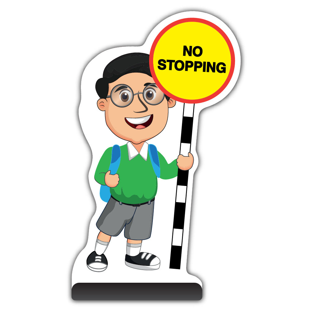 School Kid Cut Out Pavement Sign – Liam – No Stopping – Green Uniform