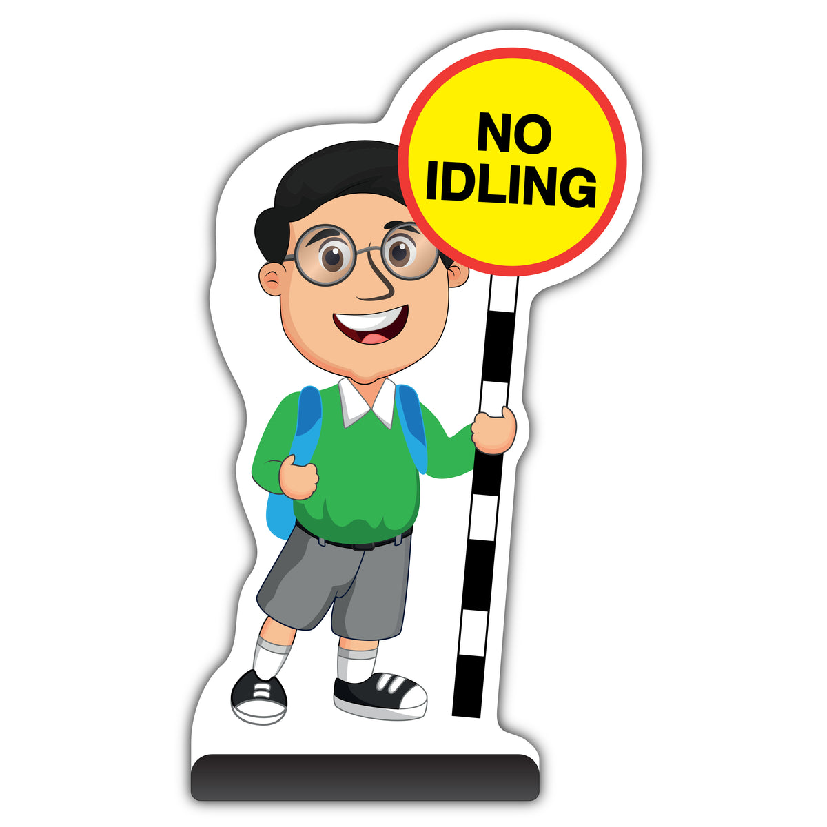 School Kid Cut Out Pavement Sign – Liam – No Idling – Green Uniform