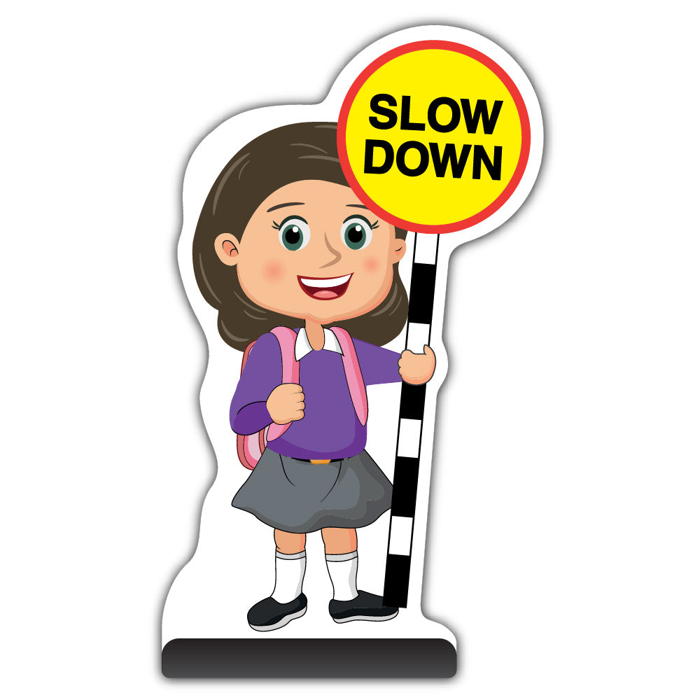 School Kid Cut Out Pavement Sign – Mollie – Slow Down – Purple Uniform
