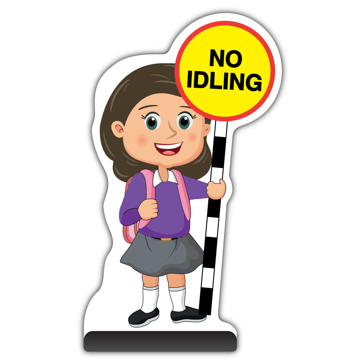 School Kid Cut Out Pavement Sign – Mollie – No Idling – Purple Uniform