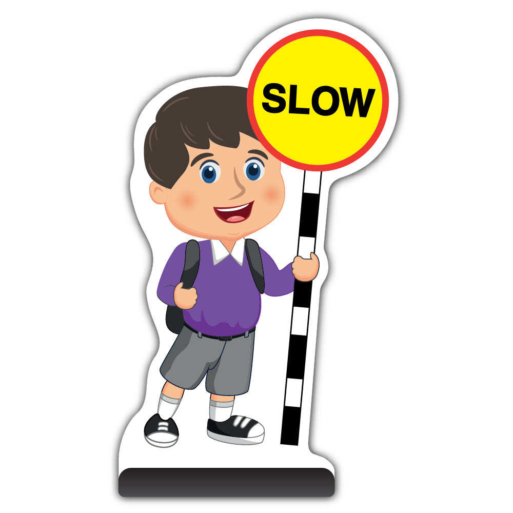 School Kid Cut Out Pavement Sign – Charlie – Slow – Purple Uniform