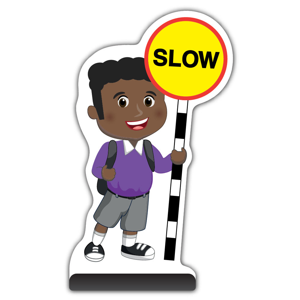 School Kid Cut Out Pavement Sign – Toby – Slow – Purple Uniform