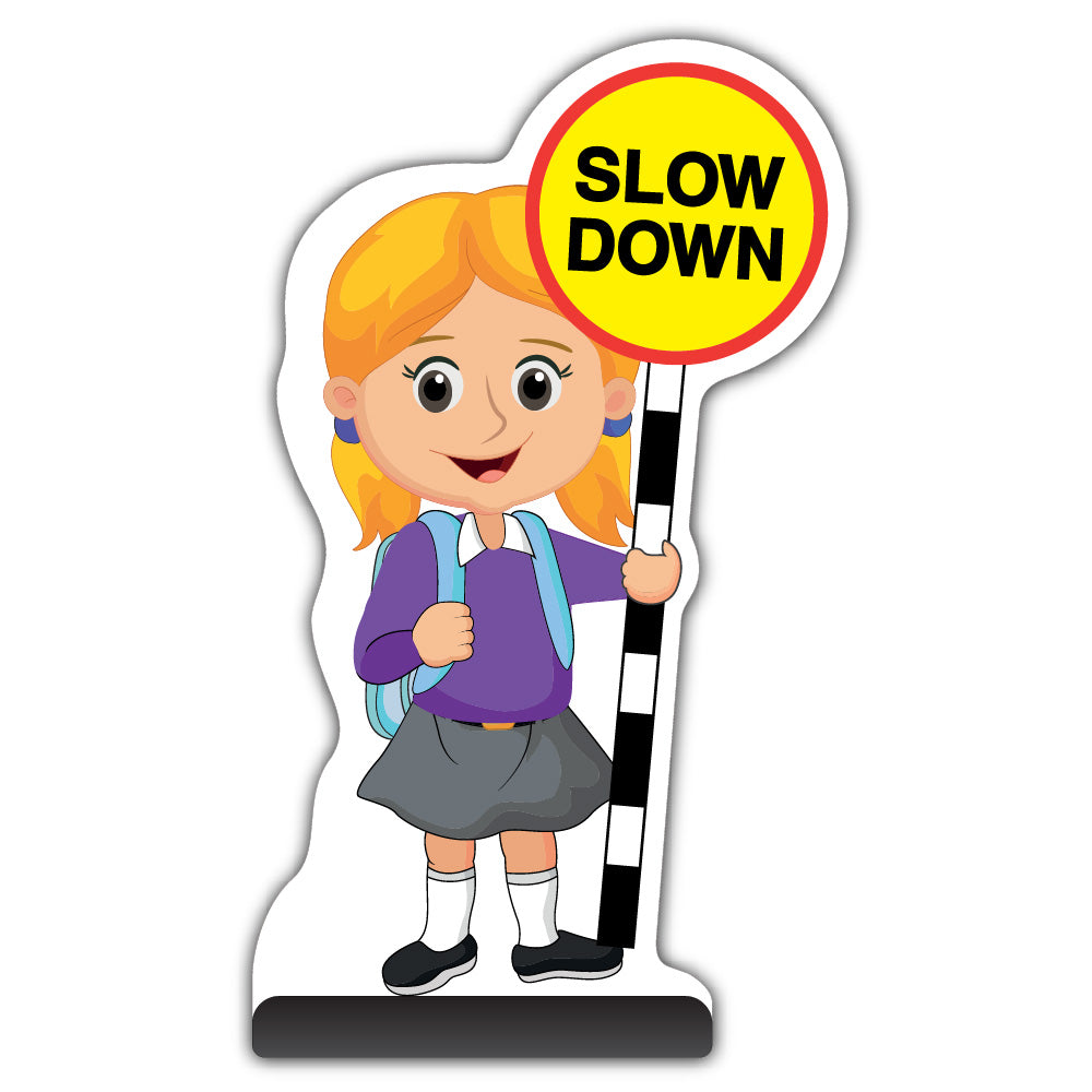 School Kid Cut Out Pavement Sign – Jess – Slow Down – Purple Uniform