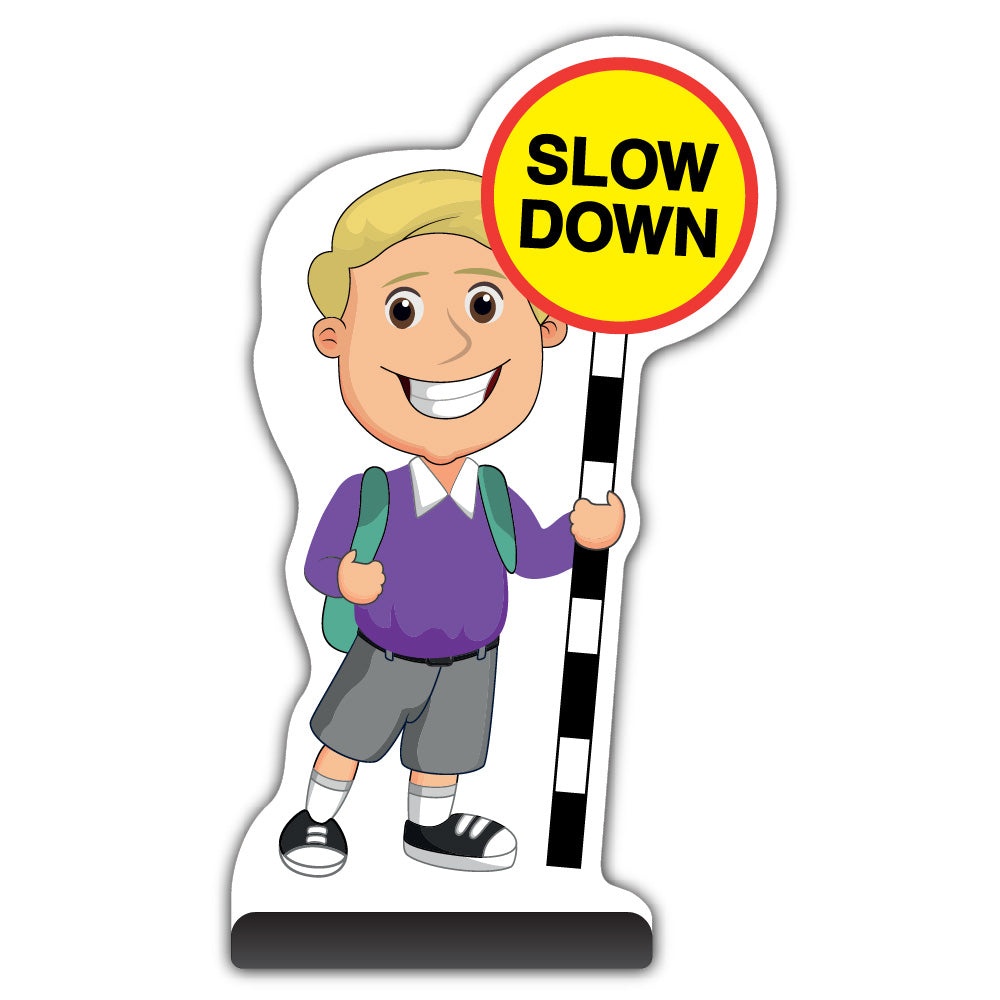 School Kid Cut Out Pavement Sign – Finn – Slow Down – Purple Uniform