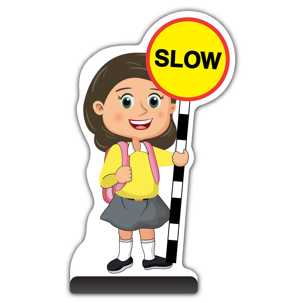 School Kid Cut Out Pavement Sign – Mollie – Slow – Yellow Uniform