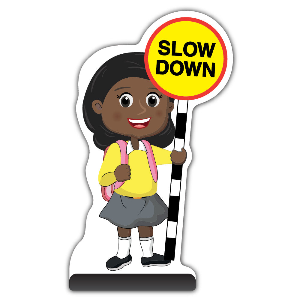 School Kid Cut Out Pavement Sign – Naomi – Slow Down – Yellow Uniform