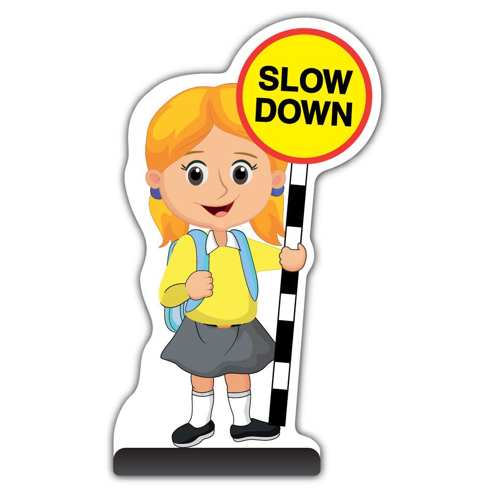 School Kid Cut Out Pavement Sign – Jess – Slow Down – Yellow Uniform
