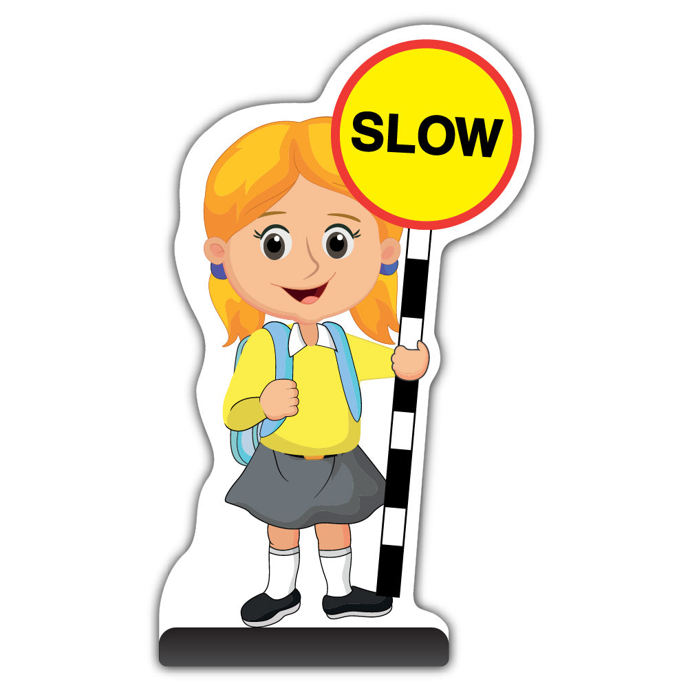 School Kid Cut Out Pavement Sign – Jess – Slow – Yellow Uniform