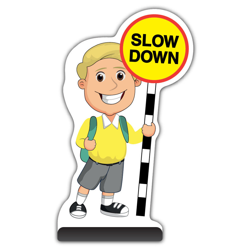 School Kid Cut Out Pavement Sign – Finn – Slow Down – Yellow Uniform