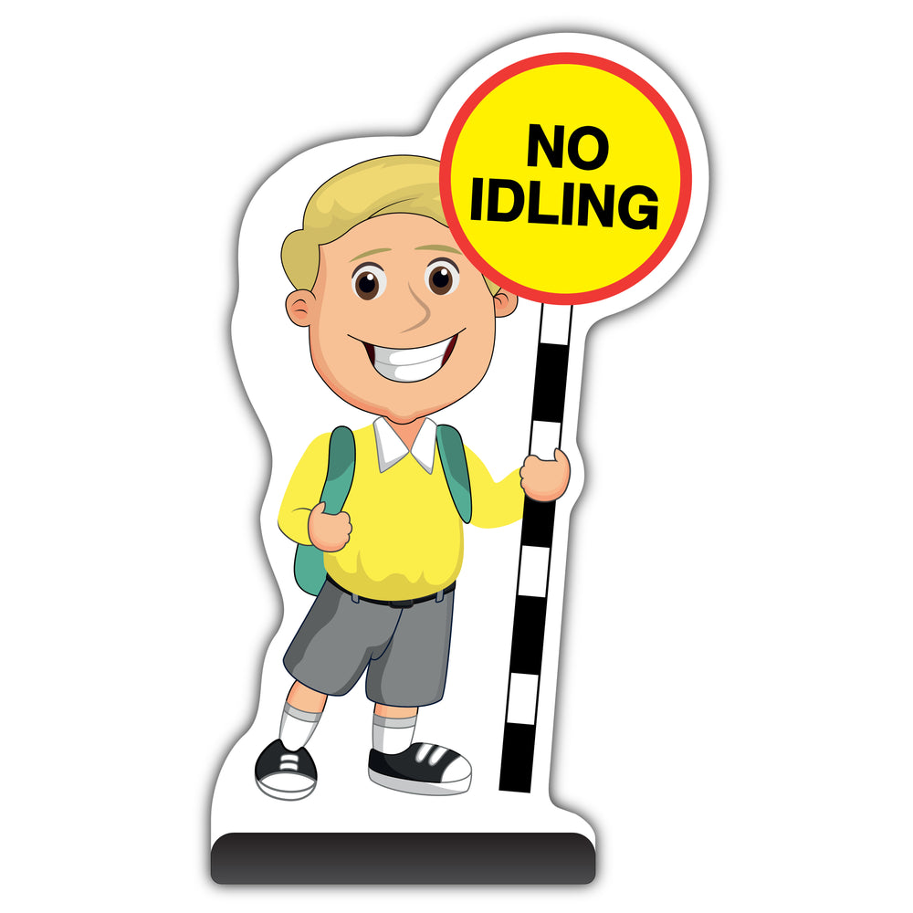 School Kid Cut Out Pavement Sign – Finn – No Idling – Yellow Uniform