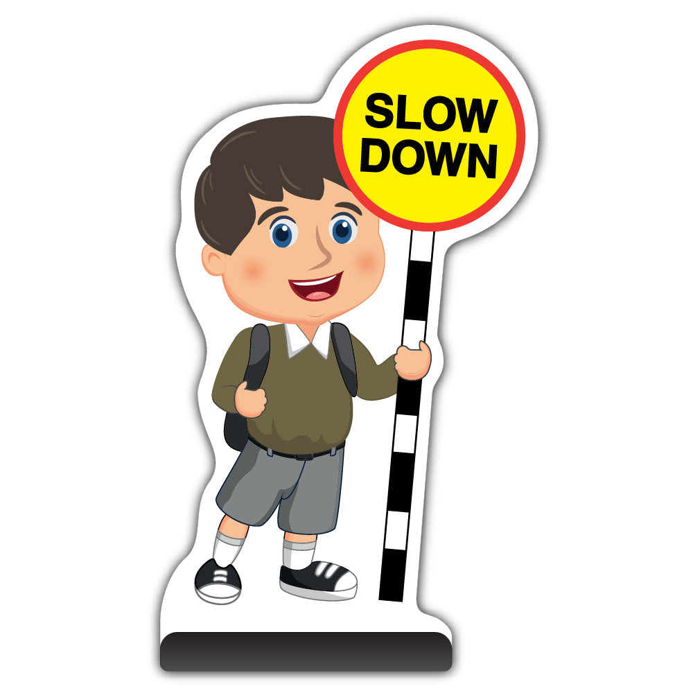 School Kid Cut Out Pavement Sign – Charlie – Slow Down – Brown Uniform