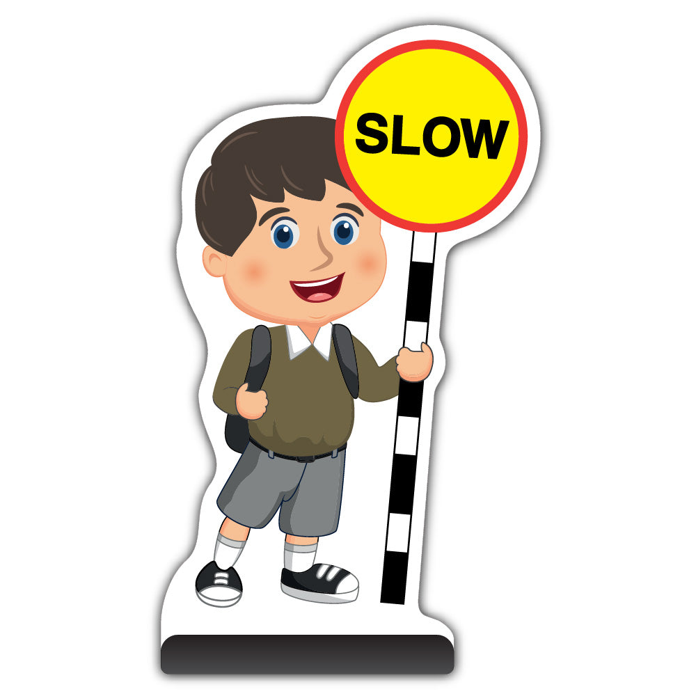 School Kid Cut Out Pavement Sign – Charlie – Slow – Brown Uniform