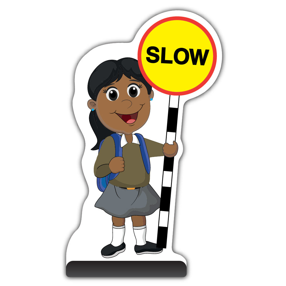 School Kid Cut Out Pavement Sign – Ruby – Slow – Brown Uniform