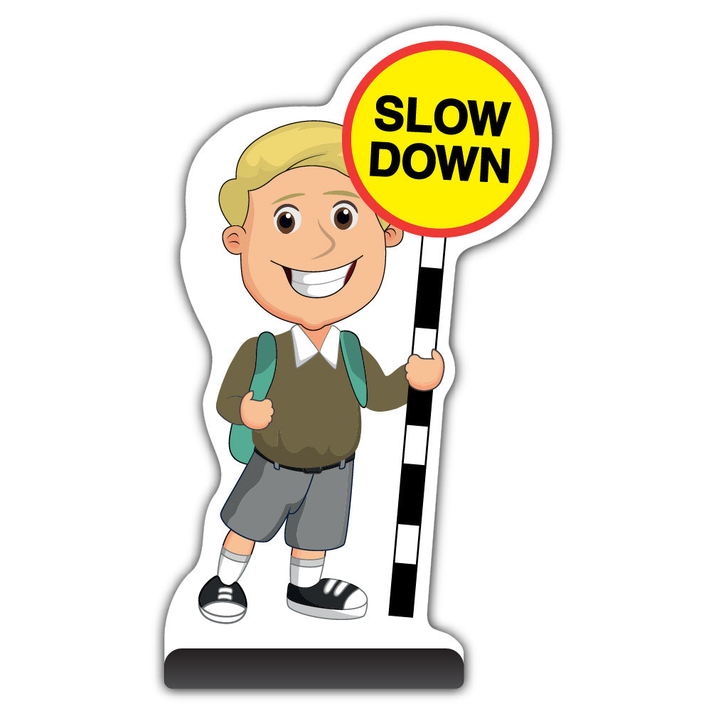 School Kid Cut Out Pavement Sign – Finn – Slow Down – Brown Uniform