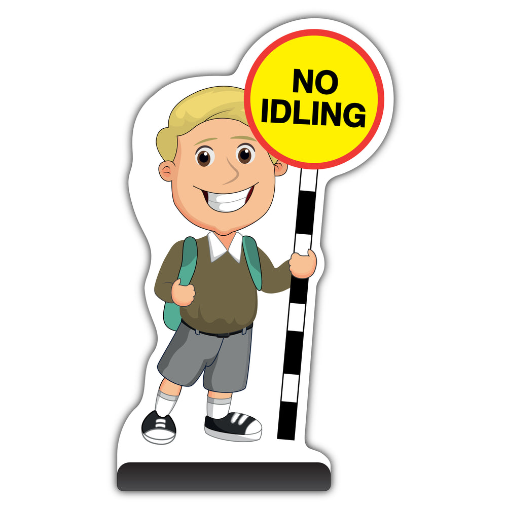 School Kid Cut Out Pavement Sign – Finn – No Idling – Brown Uniform