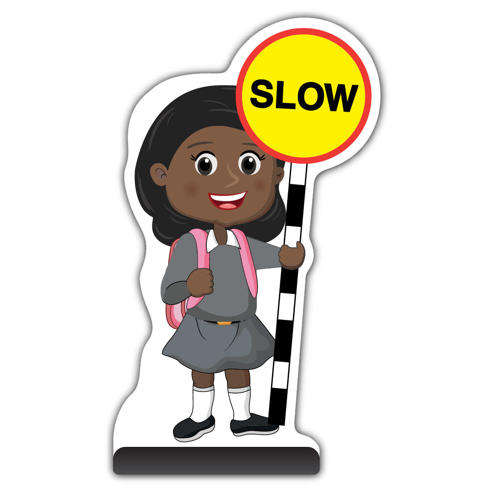 School Kid Cut Out Pavement Sign – Naomi – Slow – Grey Uniform