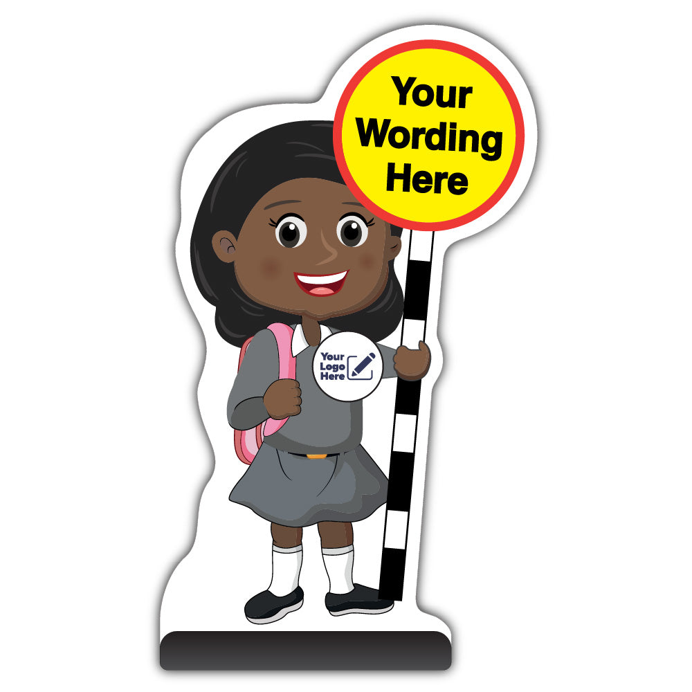 Custom Kid Cut Out Pavement Sign – Naomi – Grey Uniform – Add Your Logo