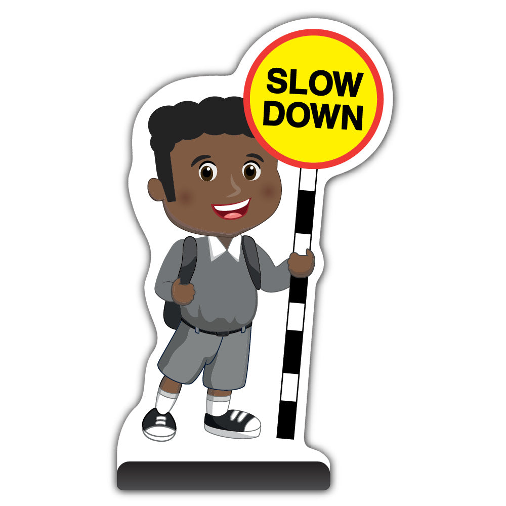 School Kid Cut Out Pavement Sign – Toby – Slow Down – Grey Uniform