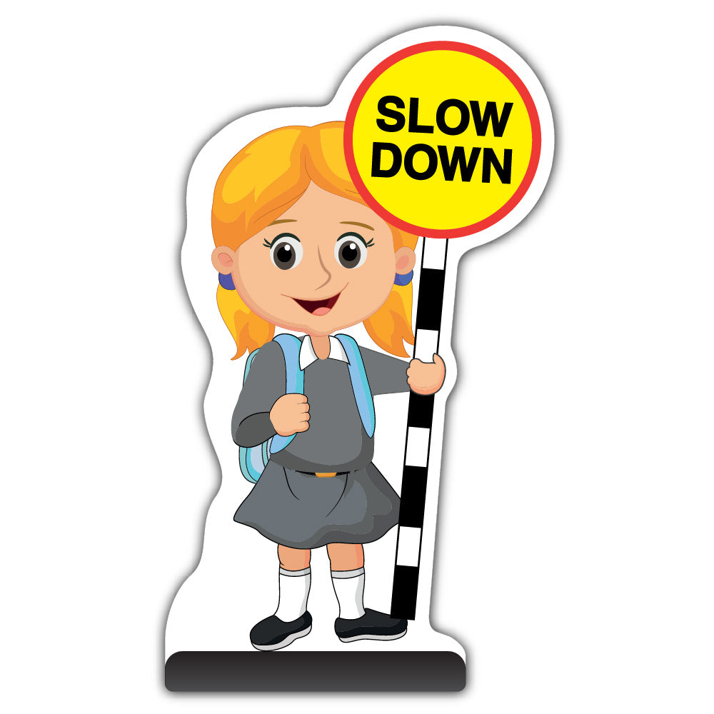 School Kid Cut Out Pavement Sign – Jess – Slow Down – Grey Uniform