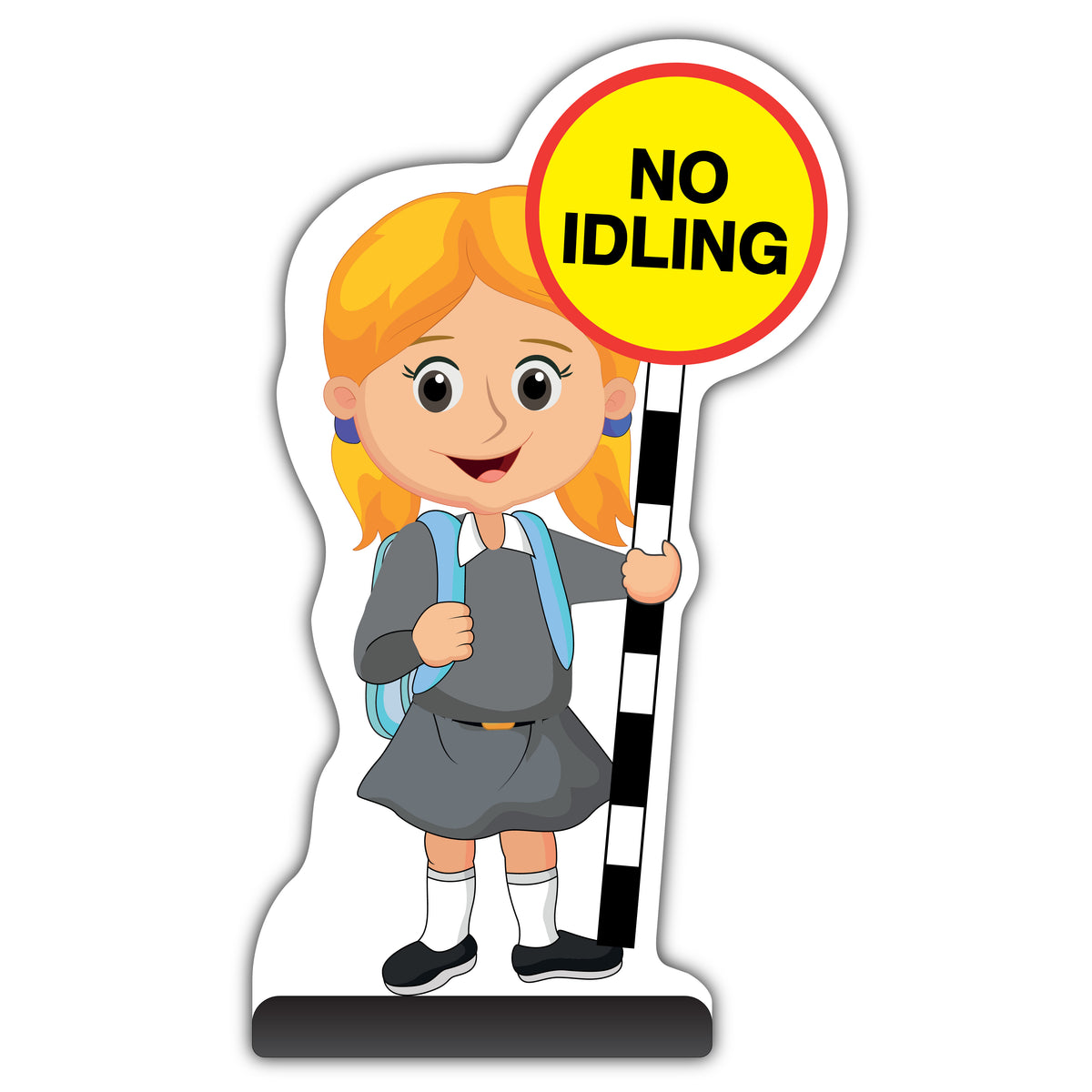School Kid Cut Out Pavement Sign – Jess – No Idling – Grey Uniform