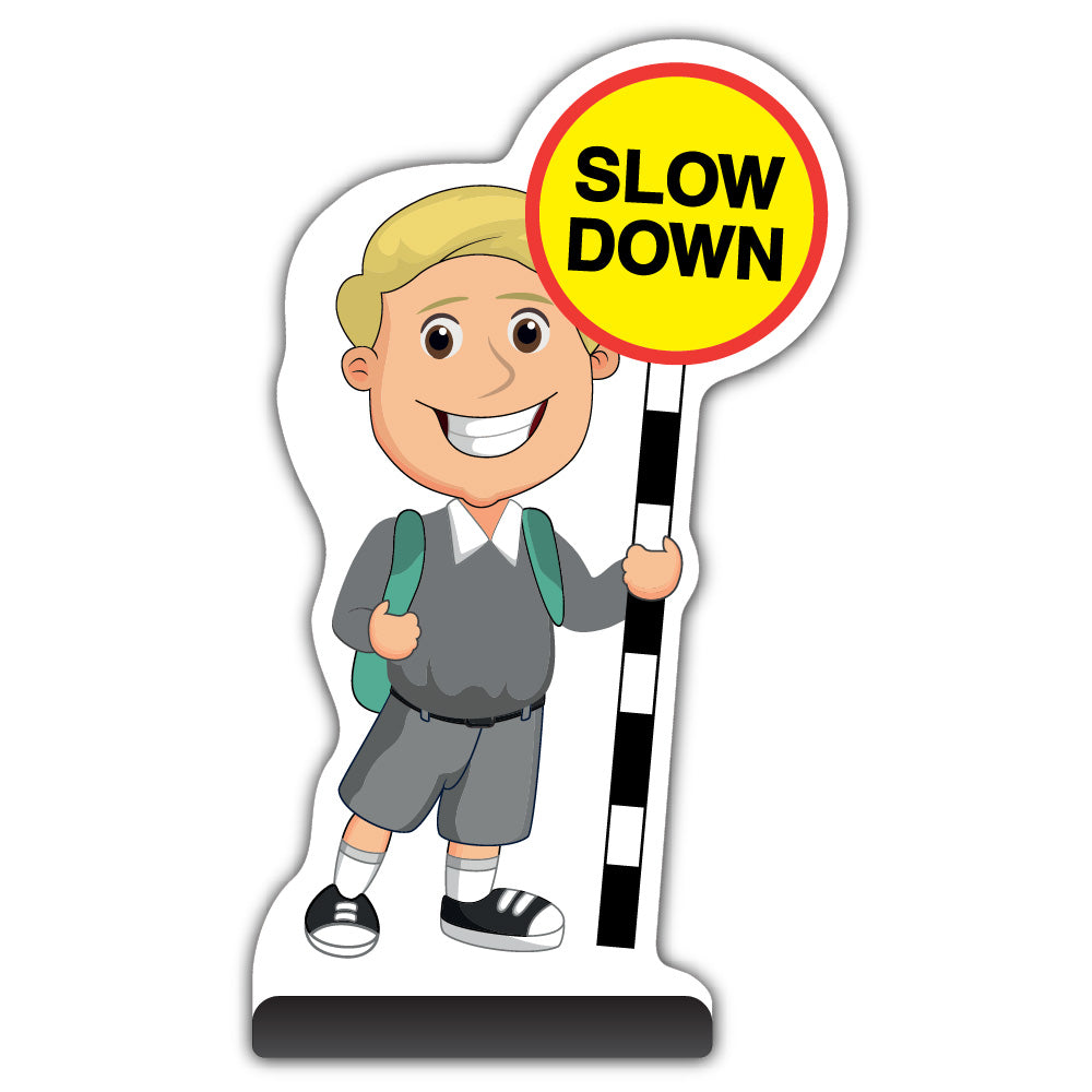 School Kid Cut Out Pavement Sign – Finn – Slow Down – Grey Uniform