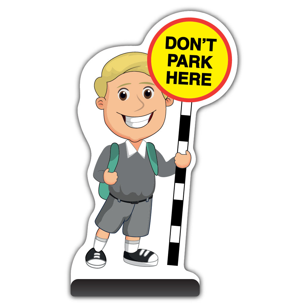 School Kid Cut Out Pavement Sign – Finn – Don’t Park Here – Grey Uniform