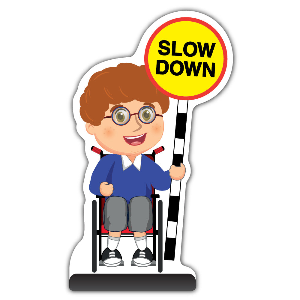 School Kid Cut Out Pavement Sign – Ben – Slow Down – Blue Uniform