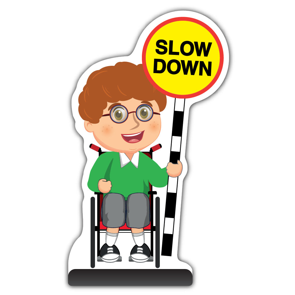 School Kid Cut Out Pavement Sign – Ben – Slow Down – Green Uniform