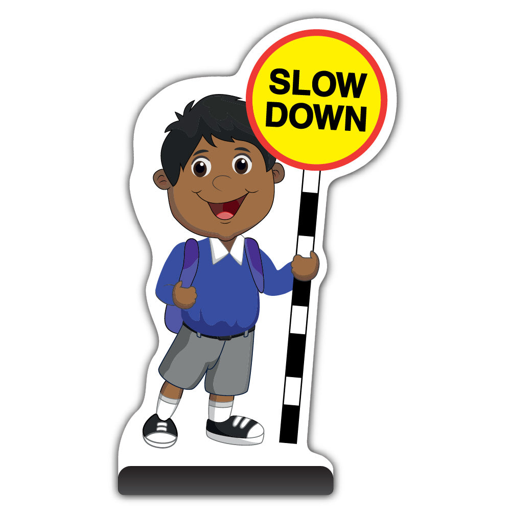 School Kid Cut Out Pavement Sign – Kamal – Slow Down – Blue Uniform