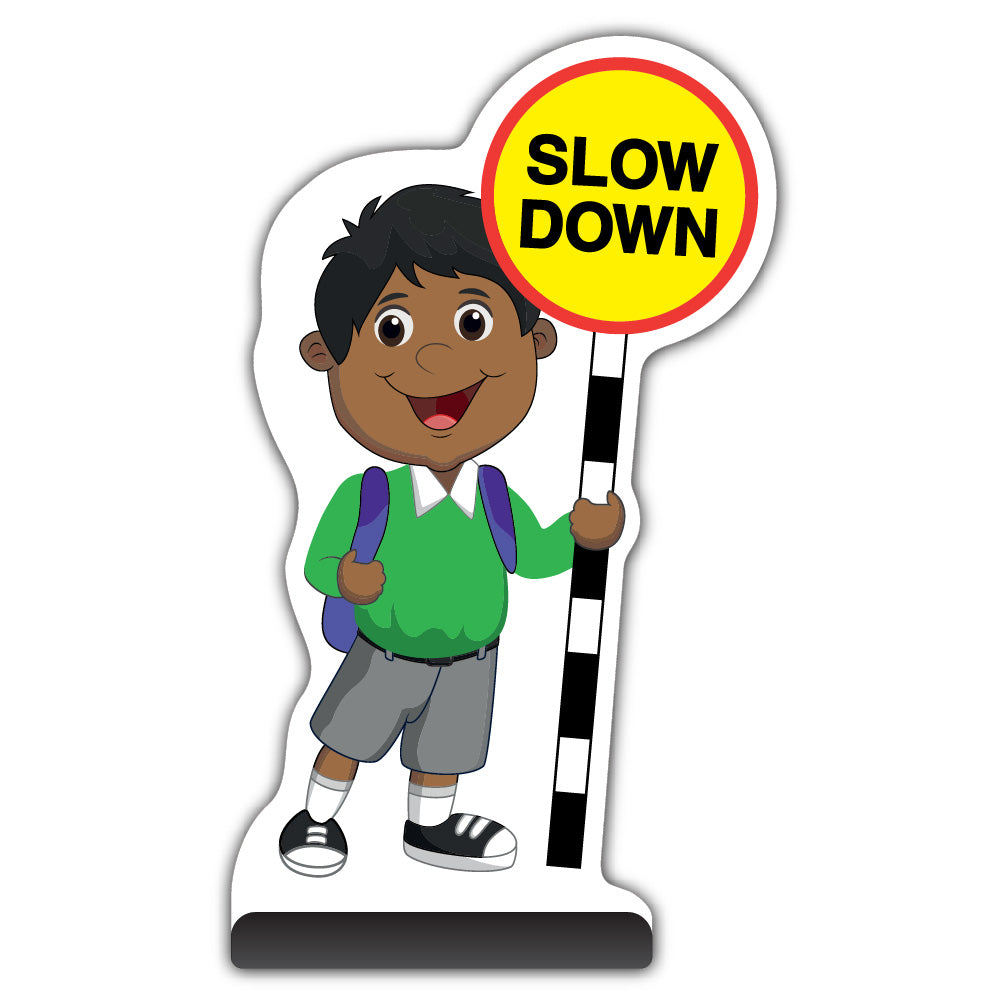 School Kid Cut Out Pavement Sign – Kamal – Slow Down – Green Uniform