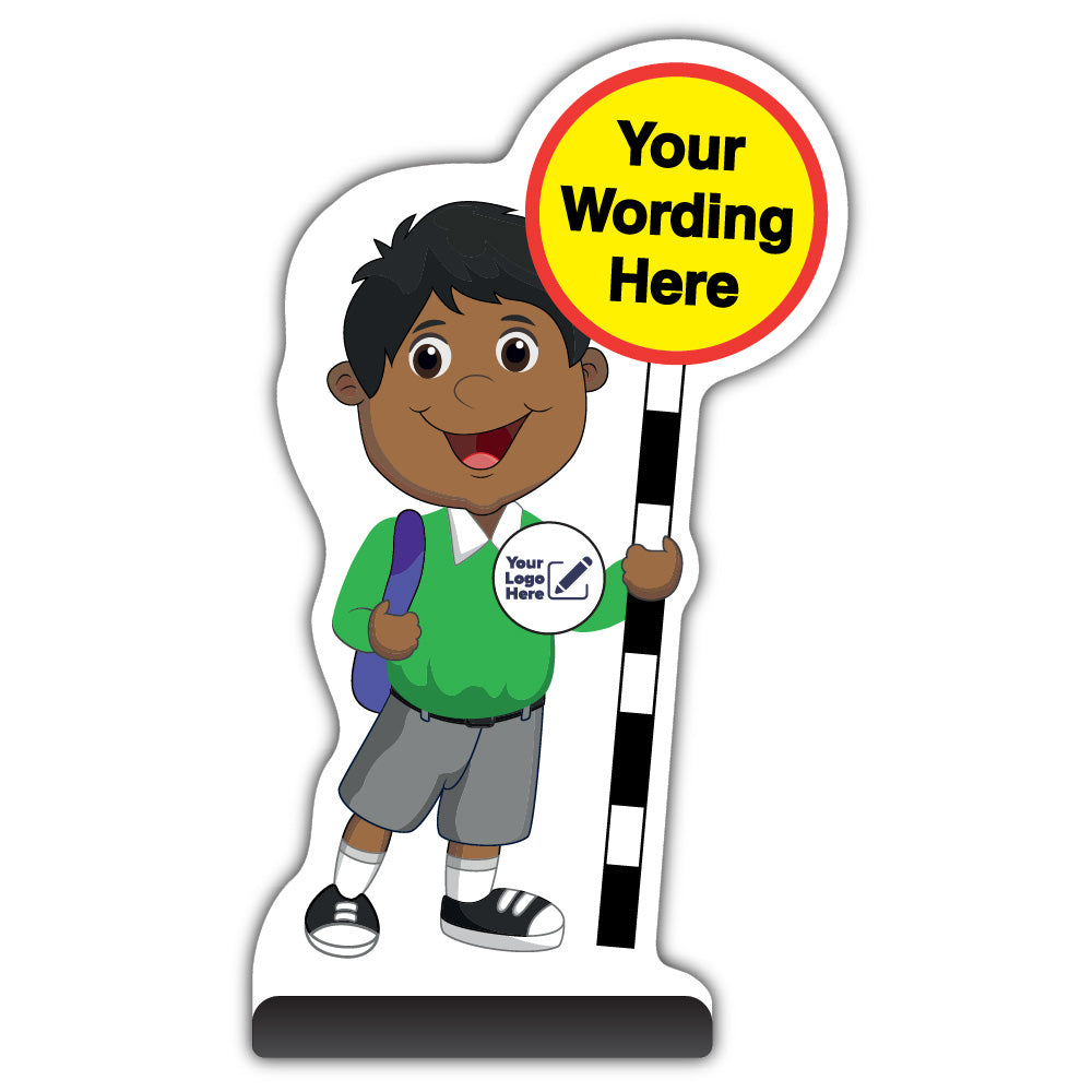 Custom Kid Cut Out Pavement Sign – Kamal – Green Uniform – Add Your Logo
