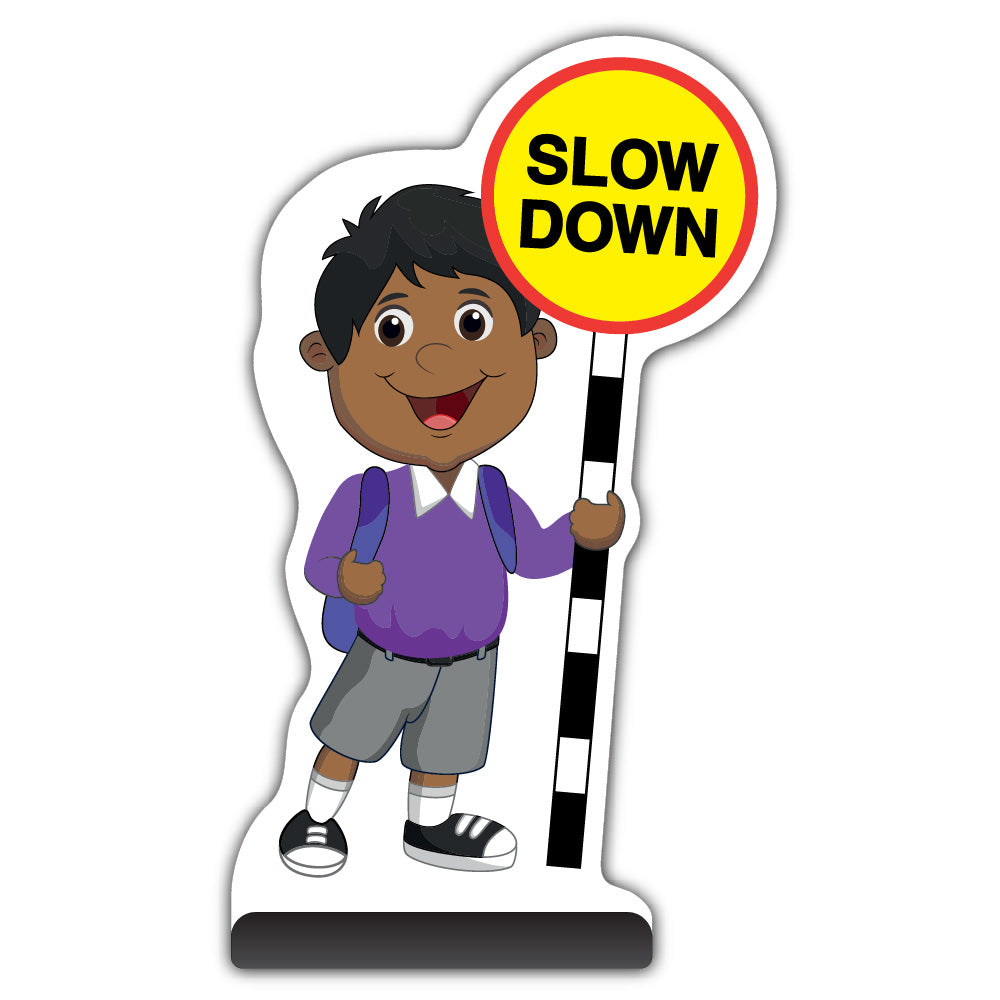 School Kid Cut Out Pavement Sign – Kamal – Slow Down – Purple Uniform