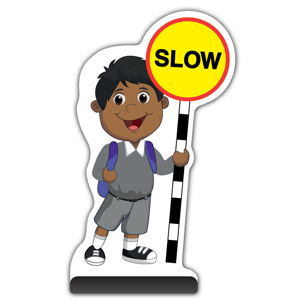 School Kid Cut Out Pavement Sign – Kamal – Slow – Grey Uniform