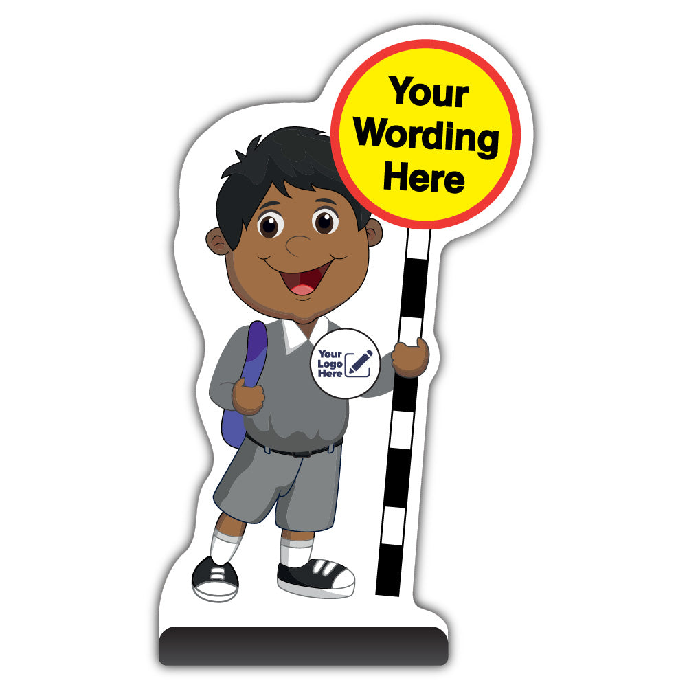 Custom Kid Cut Out Pavement Sign – Kamal – Grey Uniform – Add Your Logo
