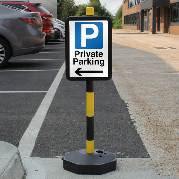Temporary Signpost – Private Parking – Mandatory Blue Parking – Arrow Left