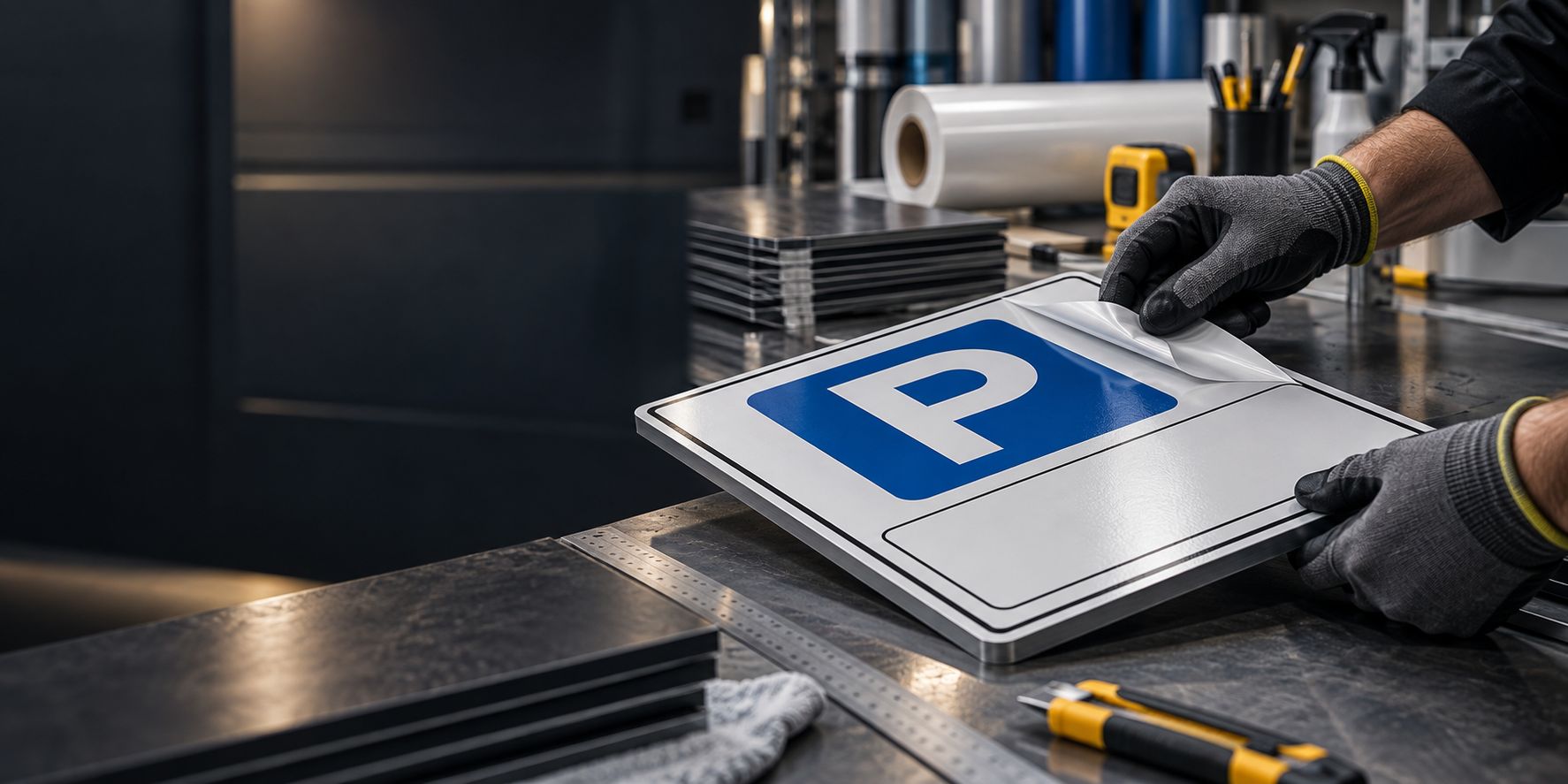 Protective film being peeled from a newly printed blue parking sign on the workshop bench