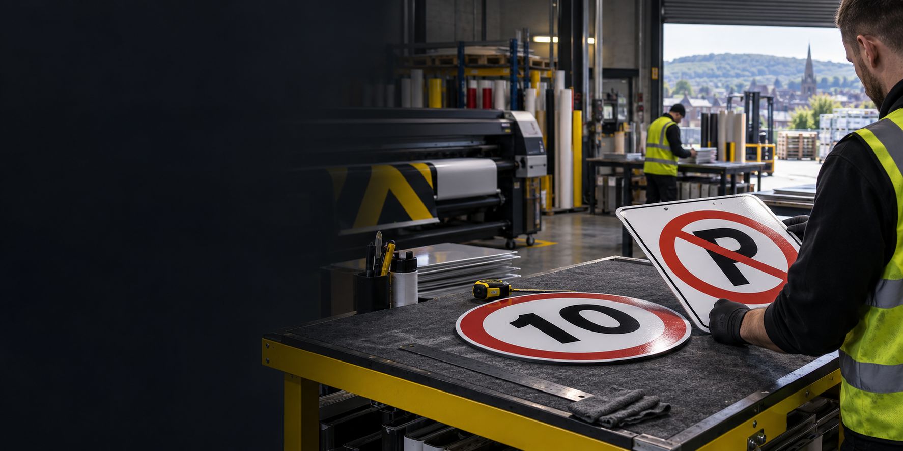 A Safe Secure Signs signmaker checking a finished no-parking sign beside a 10 mph speed-limit sign in the Blackburn workshop