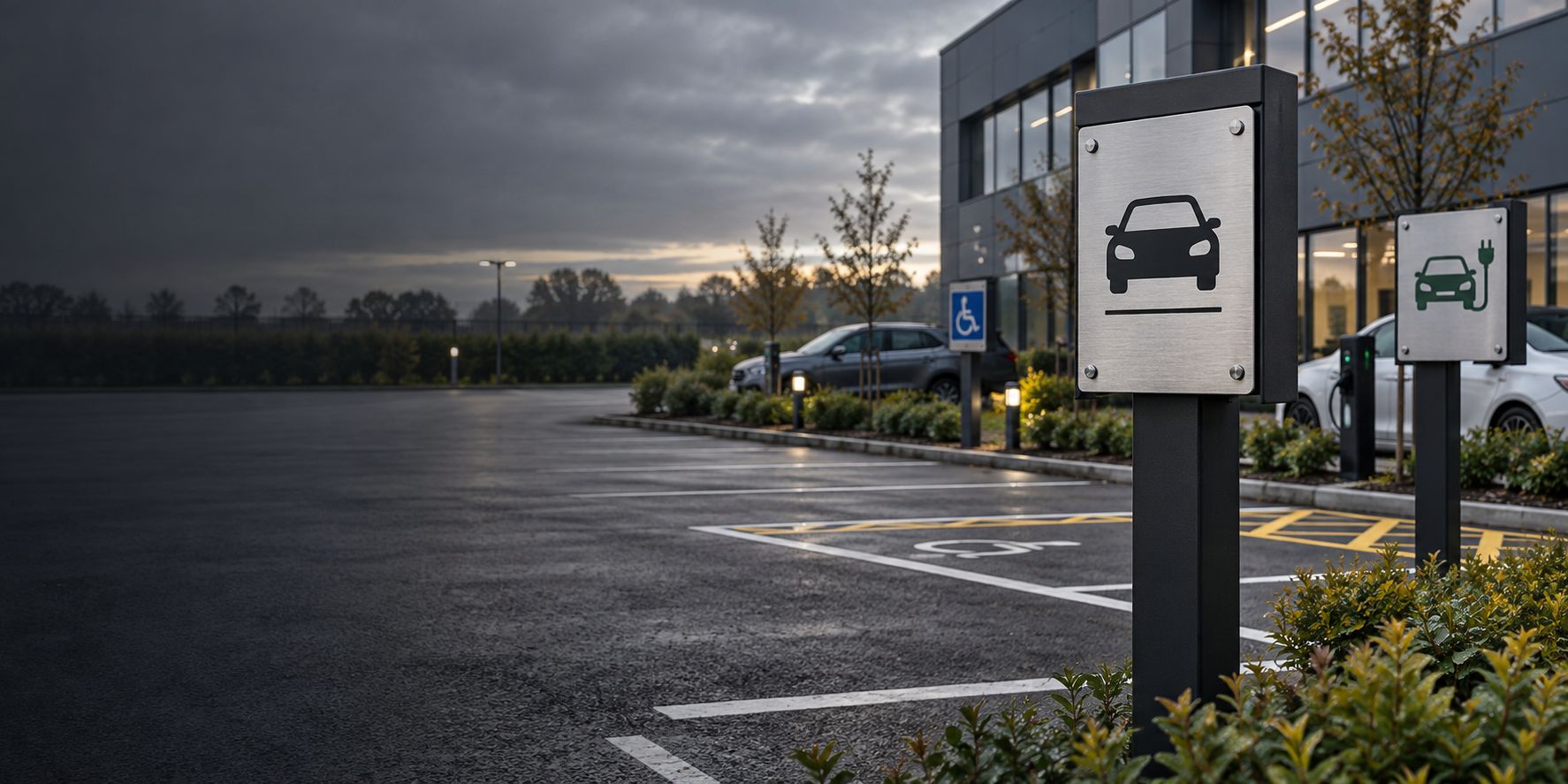 Private car park at dusk with brushed-metal parking, disabled and EV charging bay signs on posts