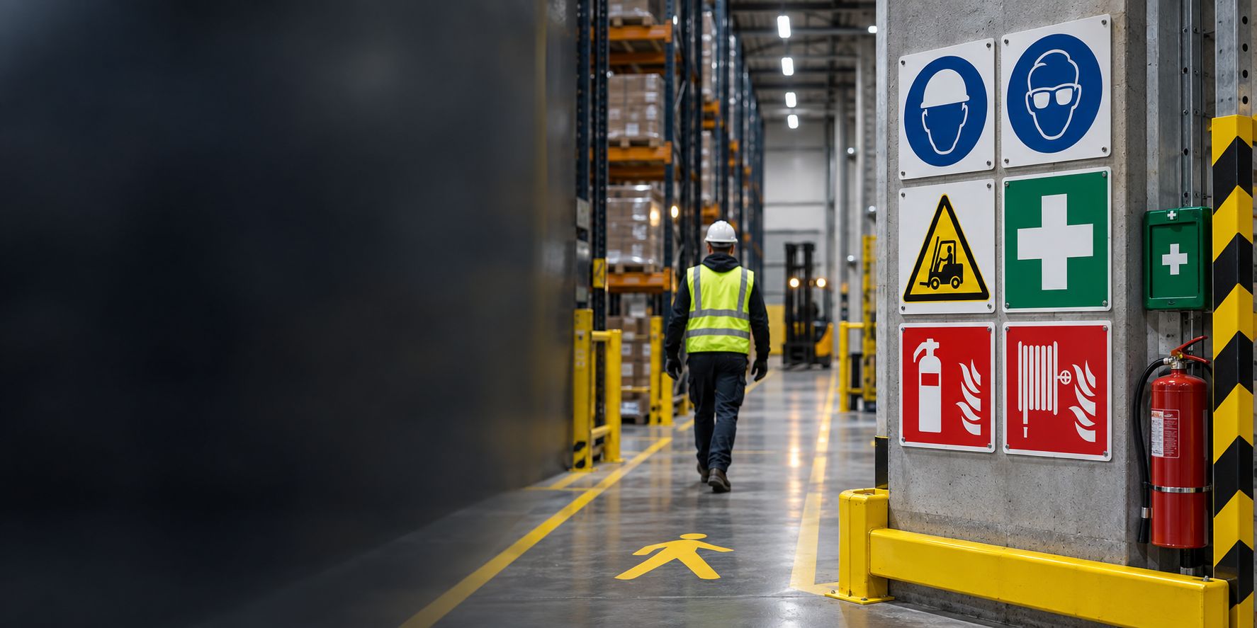Warehouse aisle with mandatory PPE, forklift warning, first-aid and fire-equipment signs on a column